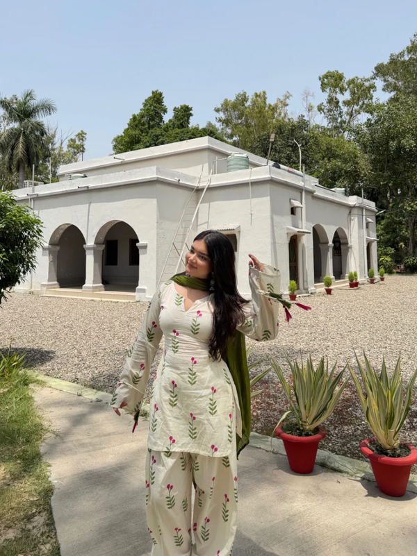 Off White Floral Printed Cotton Kurta Palazzo Set with Olive Green Dupatta