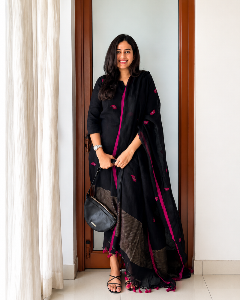 Midnight Bloom Black Chanderi Suit Set with Dupatta