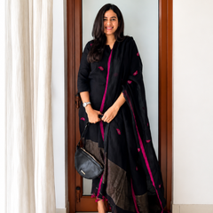Midnight Bloom Black Chanderi Suit Set with Dupatta