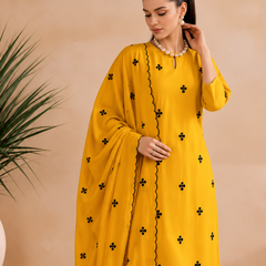 Mustard Yellow Embroidered Kurta Pant Set with Dupatta