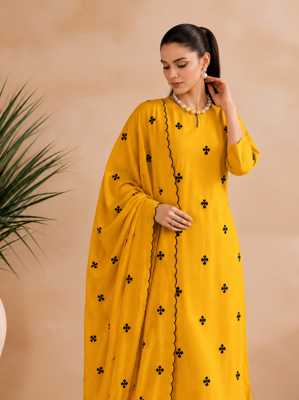 Mustard Yellow Embroidered Kurta Pant Set with Dupatta (KPDYELLOWGEETAN)