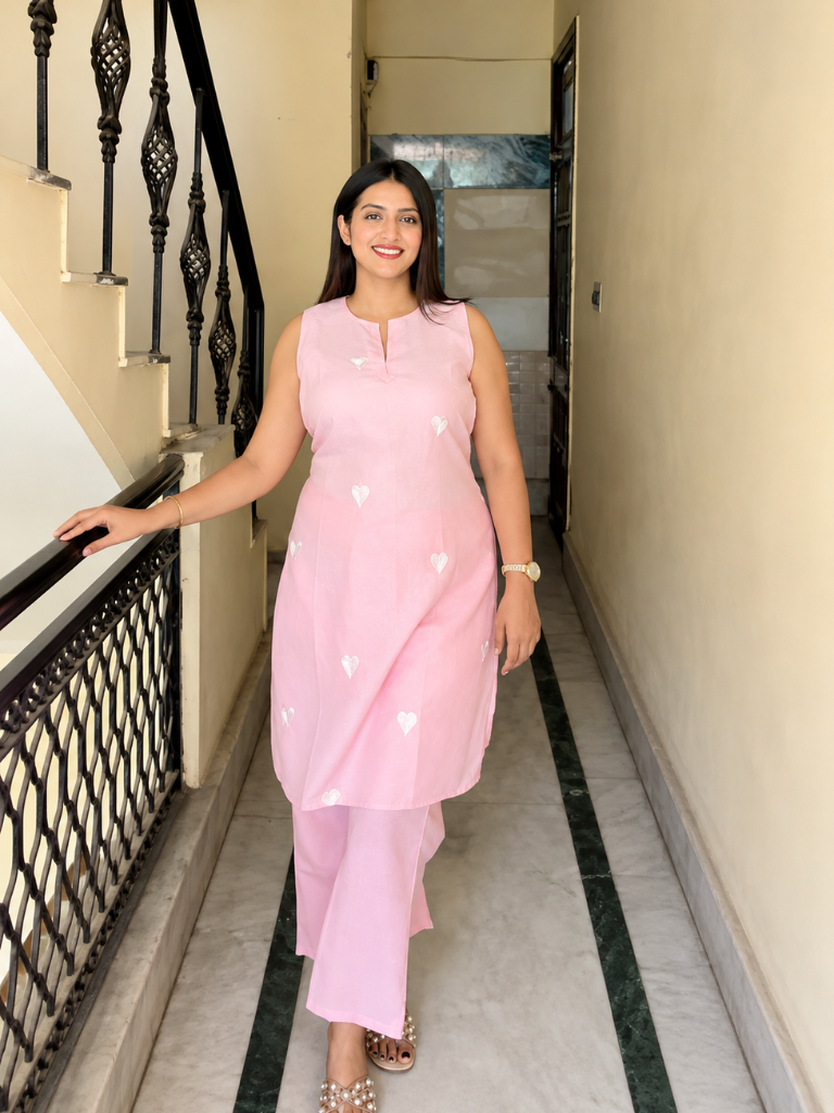 Blush Pink Embroidered Cotton Kurta & Straight Pant Co-Ord Set