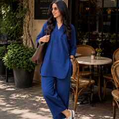 Navy Blue Solid Cotton Co-Ord Set for Women