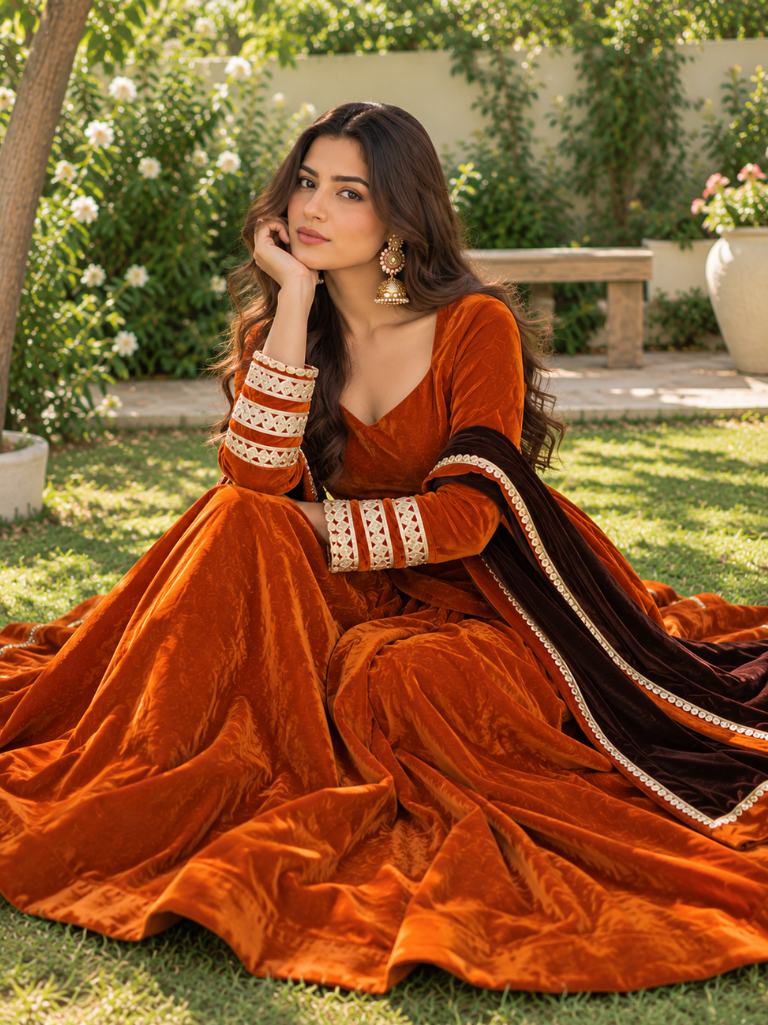 Rust Orange Velvet Lehenga Set with Dark Brown Dupatta (LEHRUSTRAJNI)