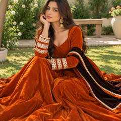 Rust Orange Velvet Lehenga Set with Dark Brown Dupatta (LEHRUSTRAJNI)