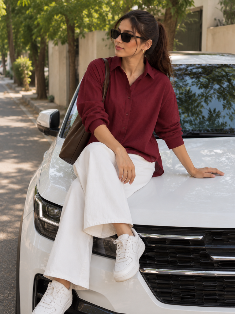 Women’s Maroon Solid Relaxed Fit Full Sleeve Shirt