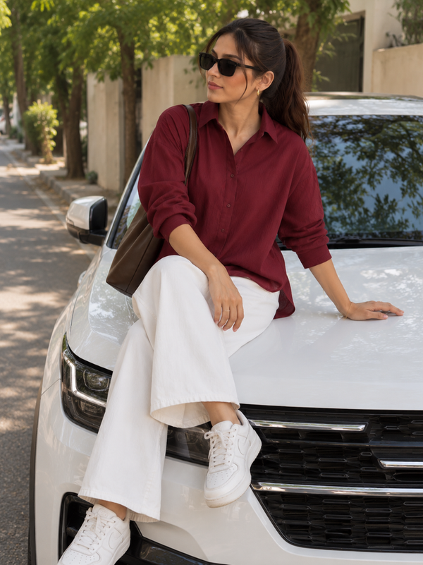 Women’s Maroon Solid Relaxed Fit Full Sleeve Shirt