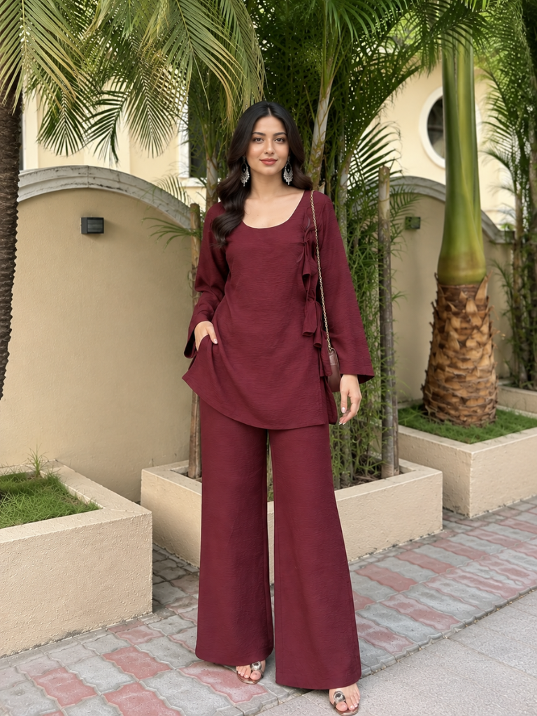 Maroon Rayon Relaxed Co-Ord Set with Wide-Leg Pants(KPMAROONSUVIRA)