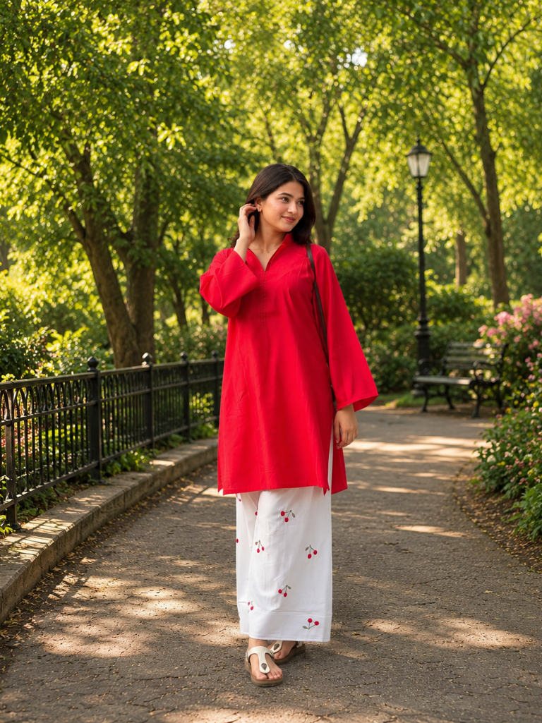 Beautiful Cotton Flex Kurti with Farsi Salvar with Embroidery Work