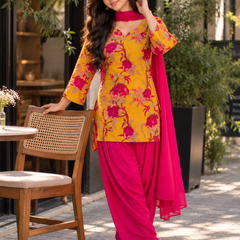 Mustard Yellow Floral Cotton Kurta Set with Rani Pink Dhoti Salwar & Chiffon Dupatta (KSDYELLOWLEMON)