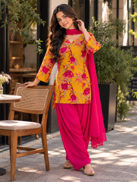 Mustard Yellow Floral Cotton Kurta Set with Rani Pink Dhoti Salwar & Chiffon Dupatta (KSDYELLOWLEMON)