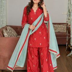 Red Floral Embroidered Kurta Palazzo Set with Aqua Blue Dupatta (KSDREDFSPAIN)