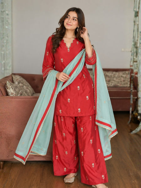 Red Floral Embroidered Kurta Palazzo Set with Aqua Blue Dupatta (KSDREDFSPAIN)