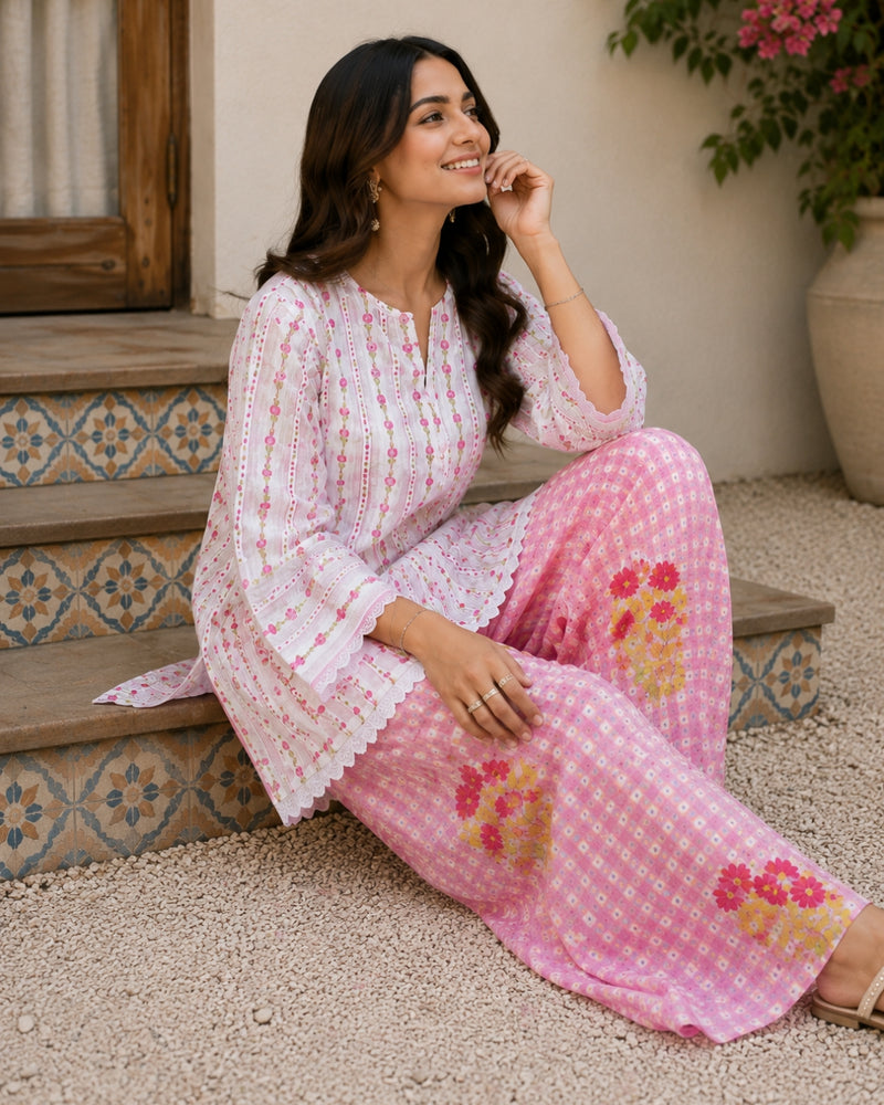 Pink Floral Printed Kurta Set