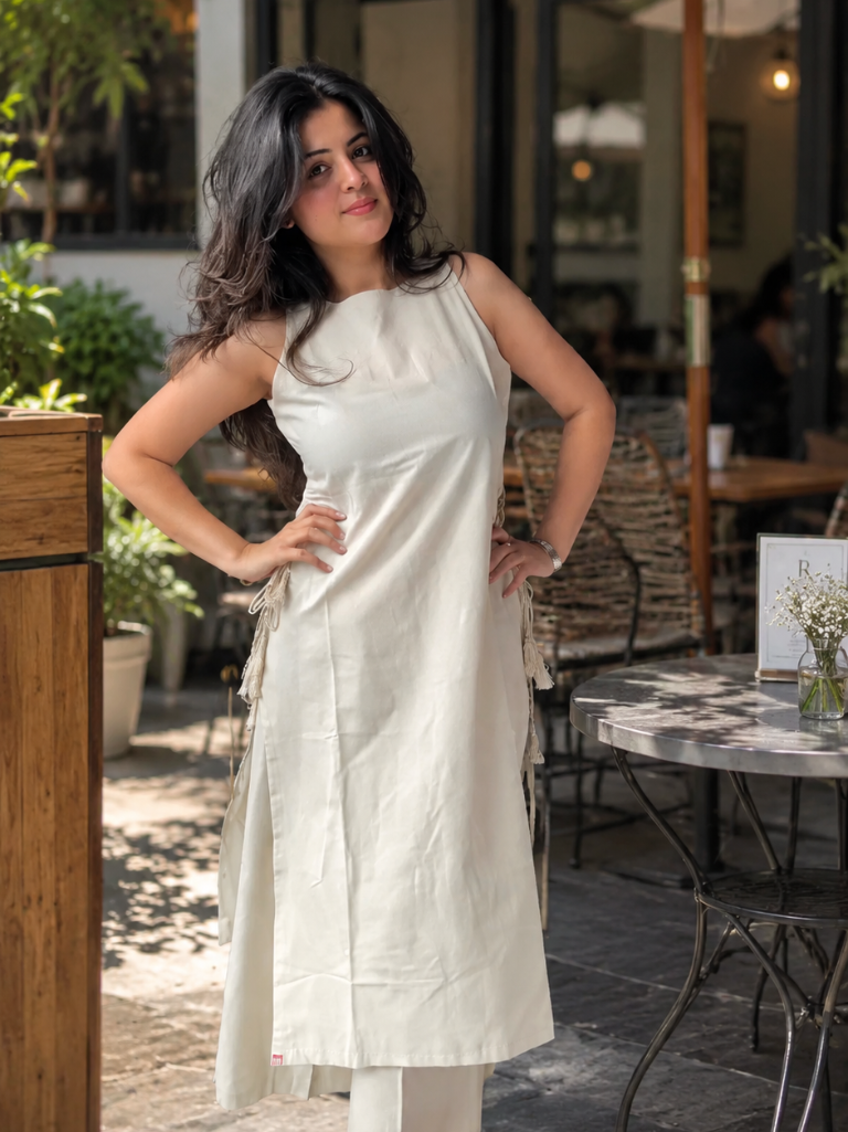 Ivory Solid Cotton Kurta Set for Women