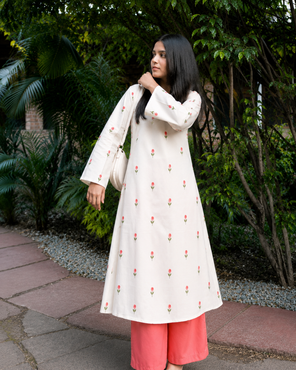 Women Floral Printed Kurta & Coral Palazzo Set (KPCREAMHEAT)