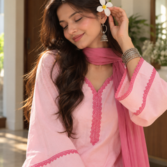 Baby Pink Cotton Kurta Salwar Set with Rose Pink Chiffon Dupatta (KSDBLUSHCOOPER )