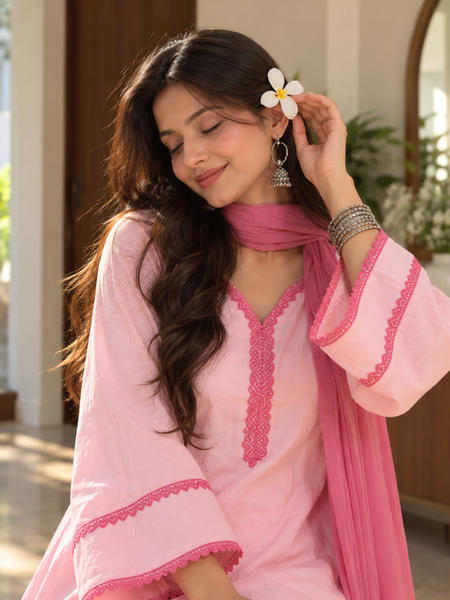 Baby Pink Cotton Kurta Salwar Set with Rose Pink Chiffon Dupatta (KSDBLUSHCOOPER )