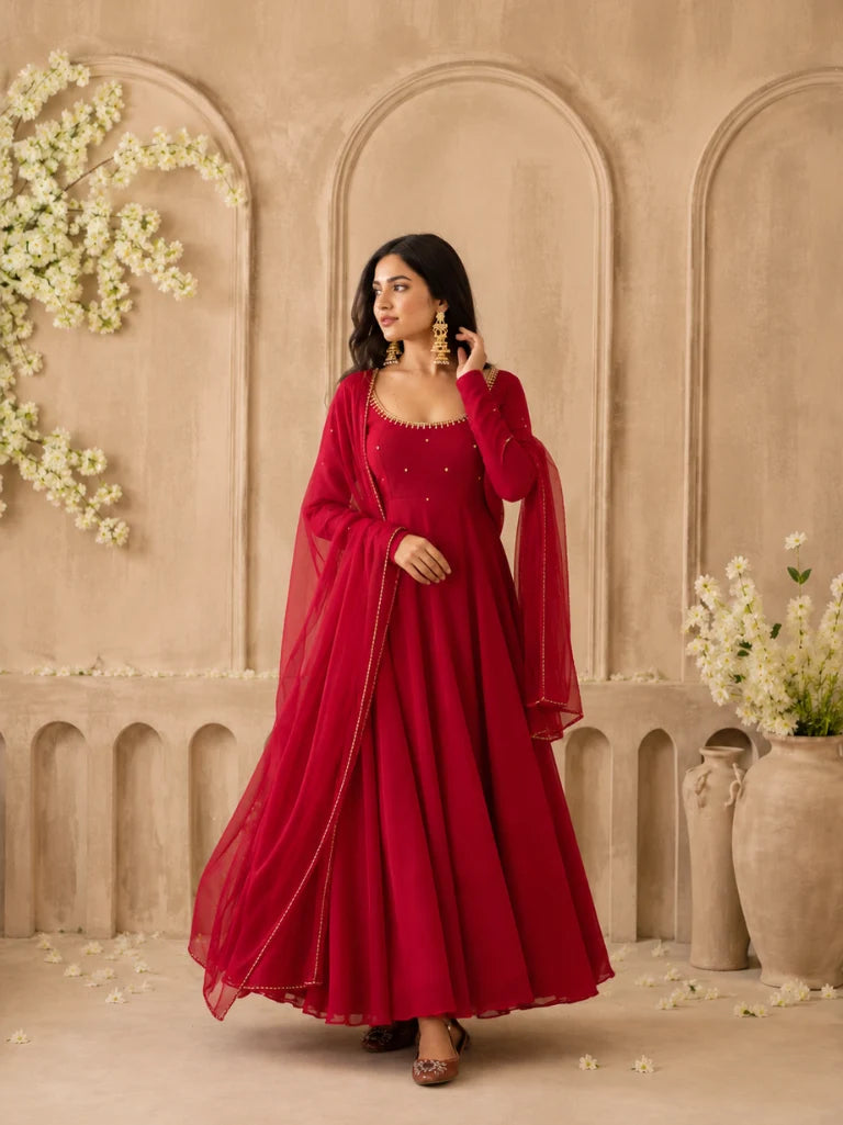 Maroon Embellished Anarkali Suit Set with Dupatta