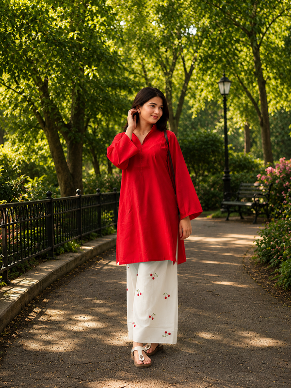 Beautiful Cotton Flex Kurti with Farsi Salvar with Embroidery Work
