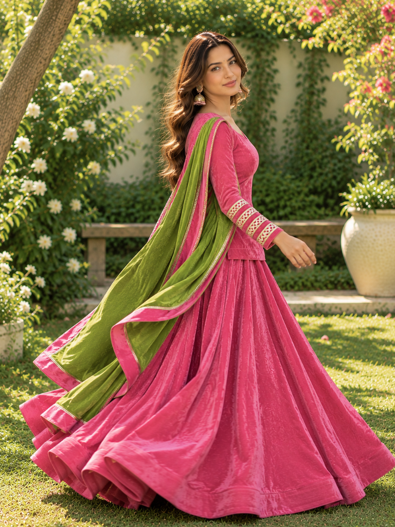 Rani Pink Velvet Lehenga Set with Lime Green Dupatta (LEHPINKRAJNI)