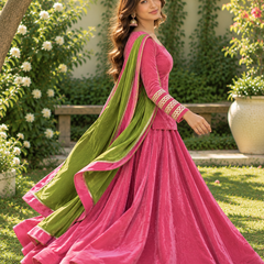 Rani Pink Velvet Lehenga Set with Lime Green Dupatta (LEHPINKRAJNI)