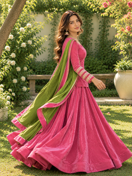 Rani Pink Velvet Lehenga Set with Lime Green Dupatta (LEHPINKRAJNI)