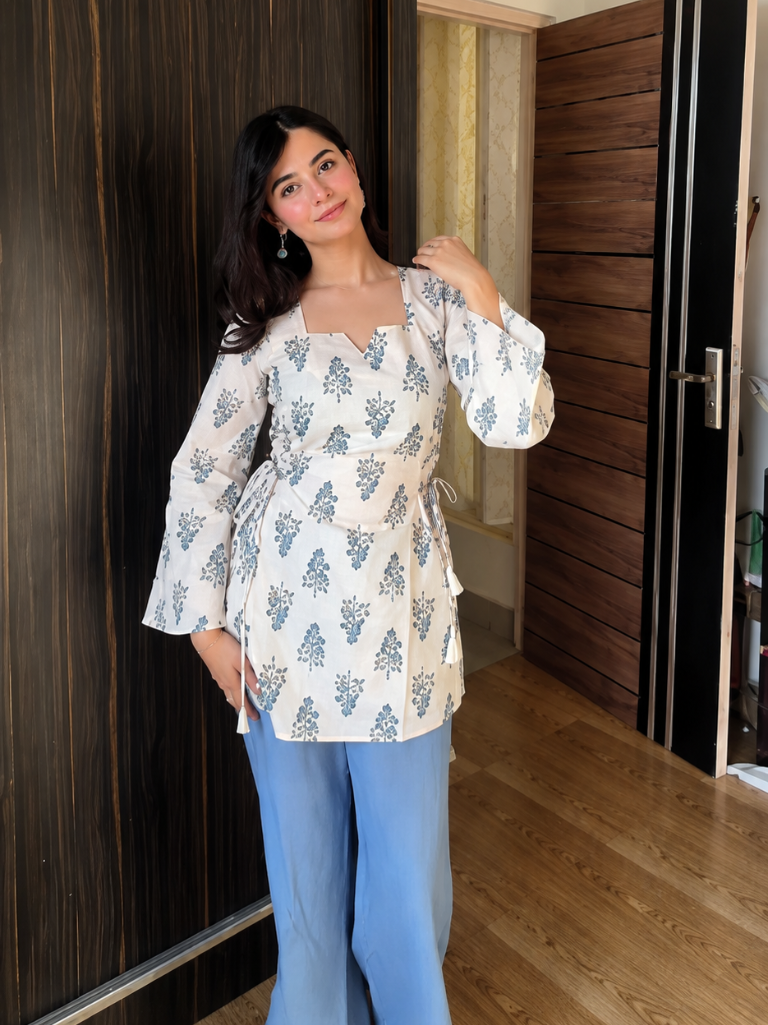 Blue Floral Printed Cotton Peplum Kurti for Women