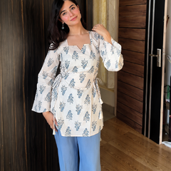 Blue Floral Printed Cotton Peplum Kurti for Women