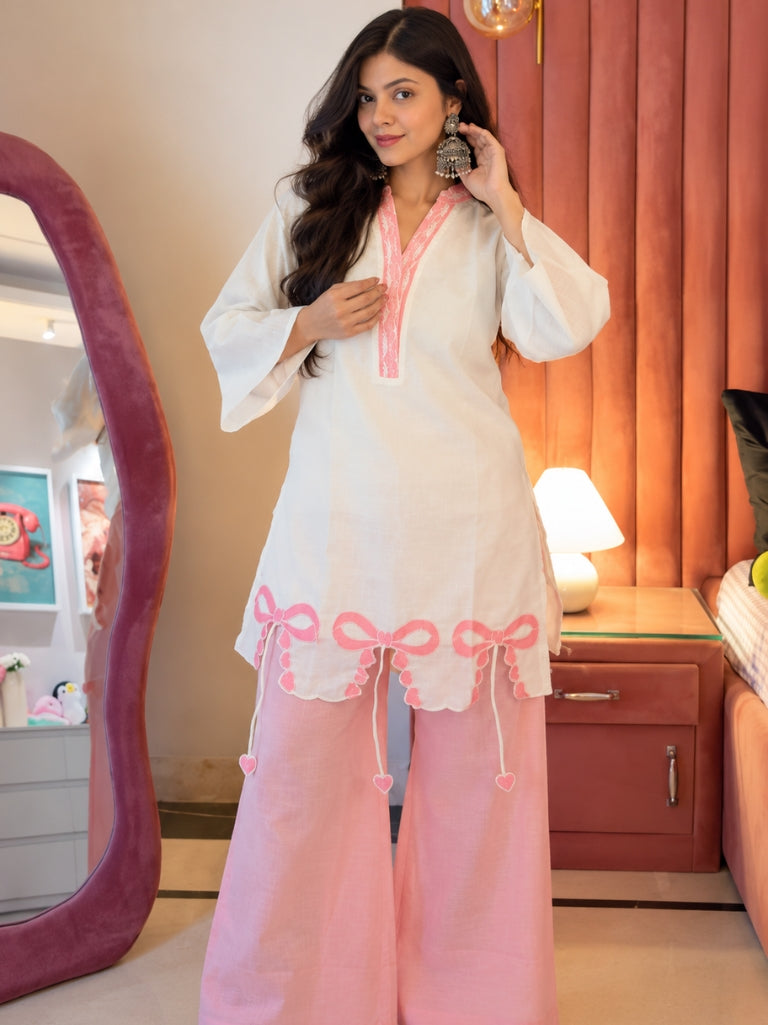 White and Pink Roman Silk Kurta with Farshi Salwar Set (KSCREAMBURKIN)