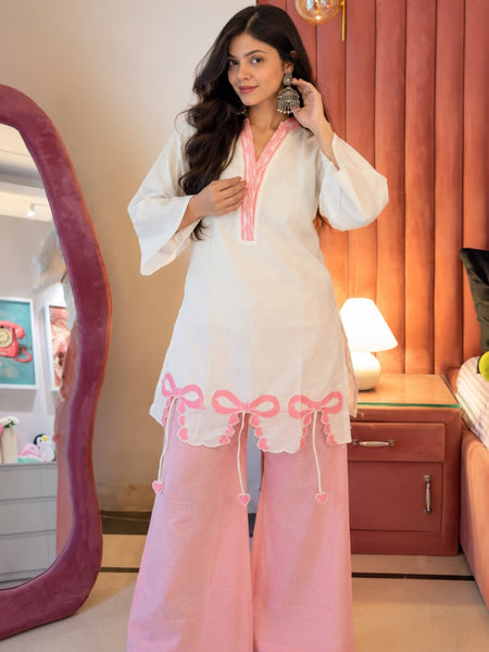 White and Pink Roman Silk Kurta with Farshi Salwar Set (KSCREAMBURKIN)