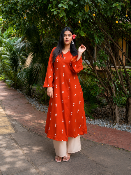Stylum Women's Rust Ethnic Printed Rayon A-Line Kurta Palazzo Set (KPRUSTHEAT)