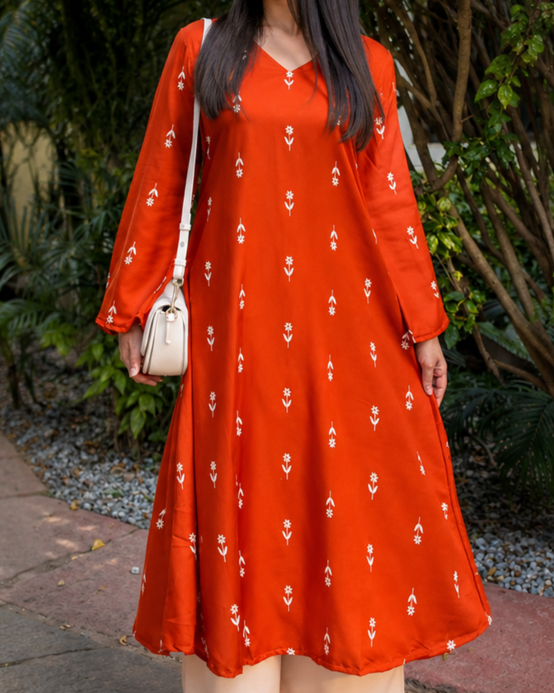 Rust Printed Kurta Set for Women