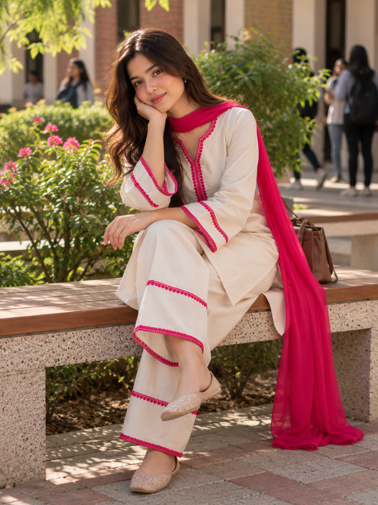 Off-White Cotton Blend Kurta Salwar Set with Hot Pink Chiffon Dupatta (KSDCREAMSWITCH)