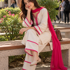 Off-White Cotton Blend Kurta Salwar Set with Hot Pink Chiffon Dupatta (KSDCREAMSWITCH)