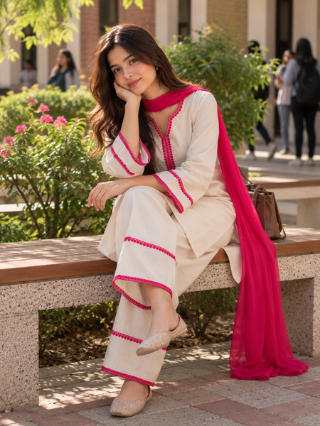 Off-White Cotton Blend Kurta Salwar Set with Hot Pink Chiffon Dupatta (KSDCREAMSWITCH)