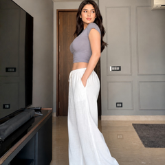 Women's White Linen Blend Wide-Leg Pants with Drawstring Waist & Pockets