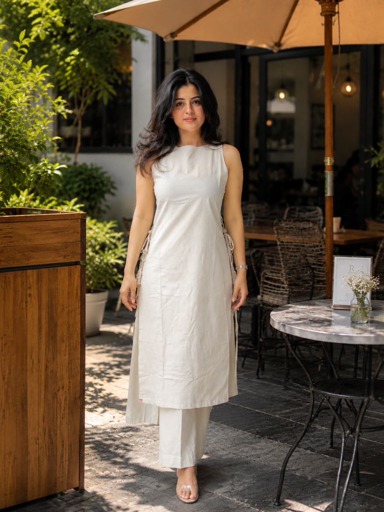 Ivory Solid Cotton Kurta Set for Women