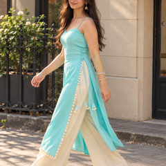 Sky Blue Roman Silk Sleeveless Slit Kurta with Lace Detailing (SKYWARM)