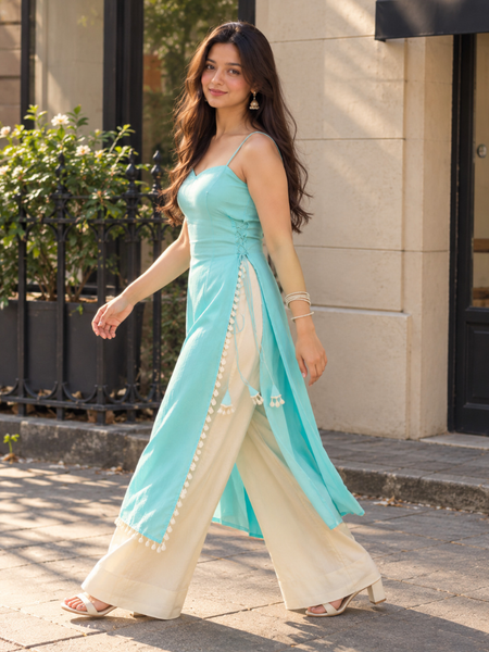 Sky Blue Roman Silk Sleeveless Slit Kurta with Lace Detailing (SKYWARM)