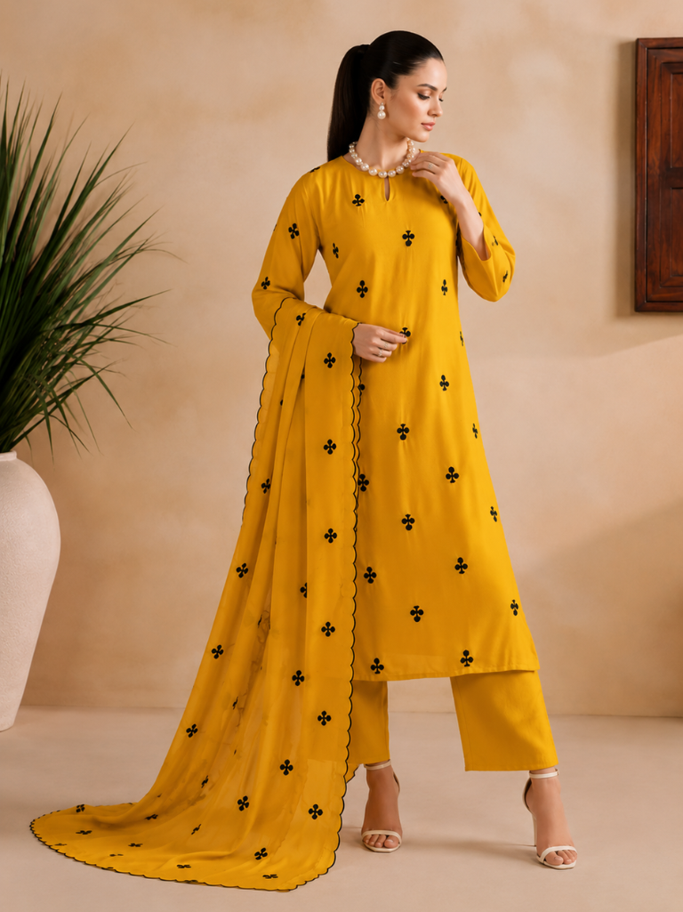 Mustard Yellow Embroidered Kurta Pant Set with Dupatta