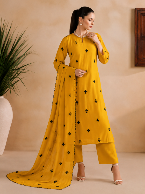 Mustard Yellow Embroidered Kurta Pant Set with Dupatta (KPDYELLOWGEETAN)