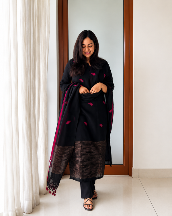 Midnight Bloom Black Chanderi Suit Set with Dupatta