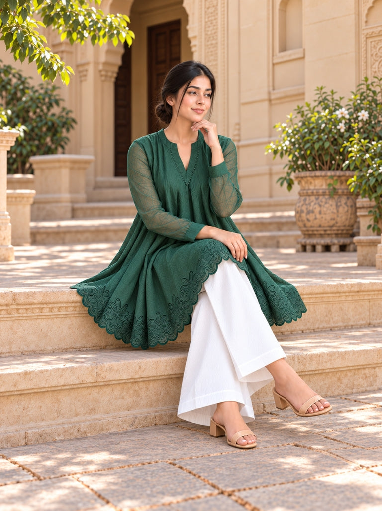 Bottle Green Floral Embroidered Flared Kurta with White Palazzo Pants Set(KSGREENMEETU )
