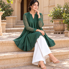 Bottle Green Floral Embroidered Flared Kurta with White Palazzo Pants Set(KSGREENMEETU )