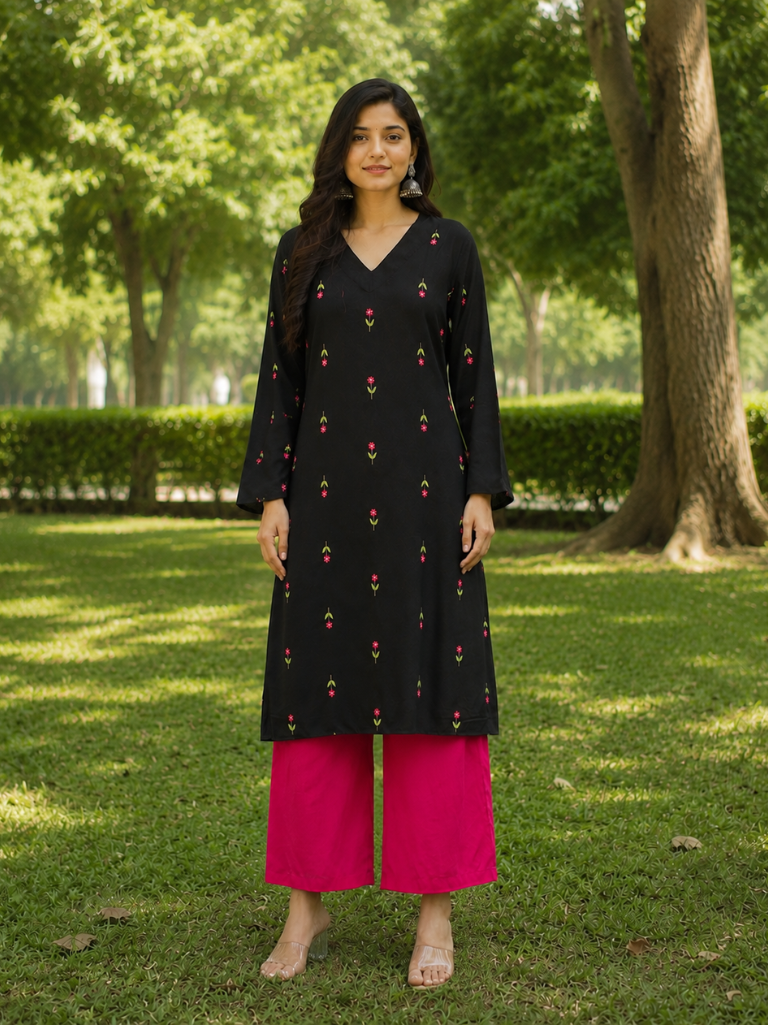 Black Floral Embroidered V-Neck Kurta with Pink Palazzo Set for Women