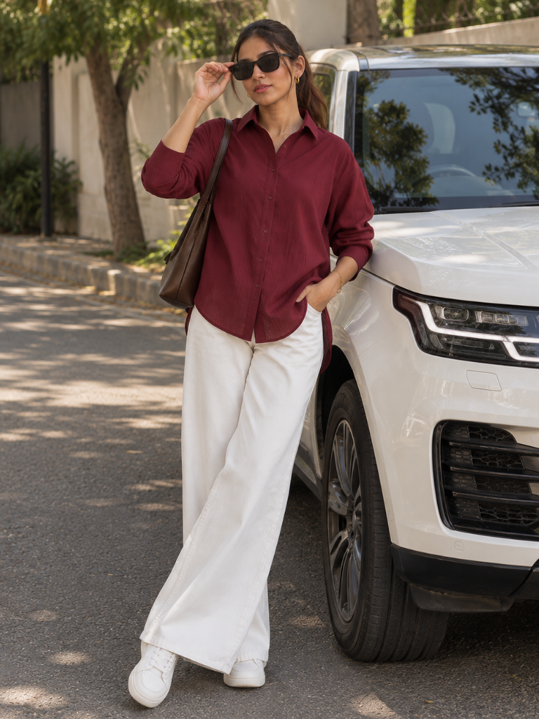 Women’s Maroon Solid Relaxed Fit Full Sleeve Shirt
