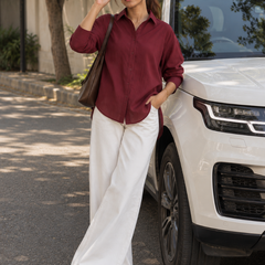 Women’s Maroon Solid Relaxed Fit Full Sleeve Shirt