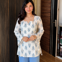 Blue Floral Printed Cotton Peplum Kurti for Women