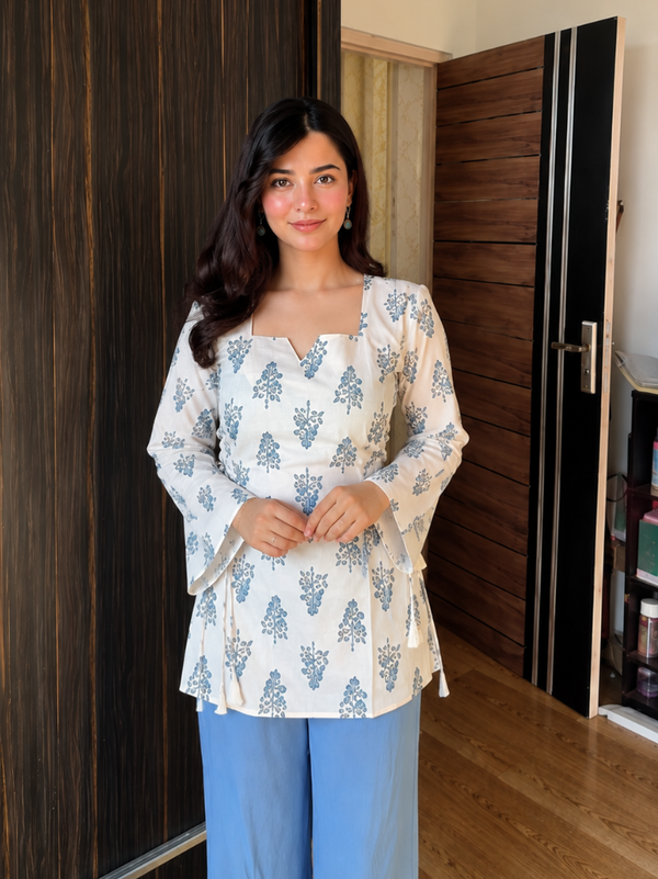 Blue Floral Printed Cotton Peplum Kurti for Women